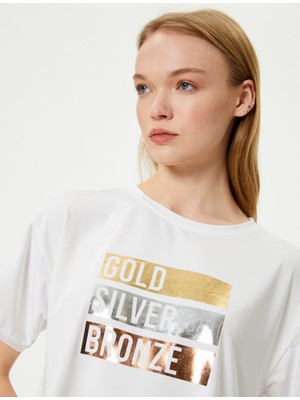 Koton Crop Tişört Slogan Baskılı Bisiklet Yaka