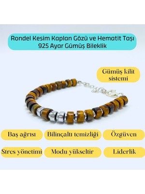 Yıldız Doğal Taş Sertifikalı Rondel Kesim Kaplan Gözü ve Hematit  925 Ayar Doğal Taş Gümüş Bileklik 6mm