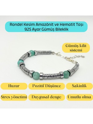 Yıldız Doğal Taş Sertifikalı Rondel Kesim Amazonit ve Hematit  925 Ayar Doğal Taş Gümüş Bileklik 6mm