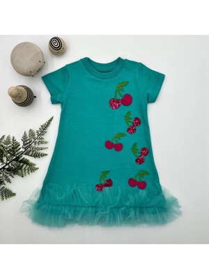 Beruflic Petli Kiraz Nakışlı Eteği Fırfırlı Jile Kız Çocuk Elbisesi Turkuaz