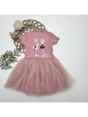 Beruflic Flamingo Balerin Kız Baskılı Kurdela Kuşaklı Astarlı Kız Çocuk Tütü Elbise Gül Kurusu