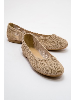 Ccway Bayan Çiçekli Örgülü Babet KREM