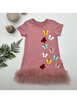 Beruflic Renkli Kelebekler Nakışlı Eteği Fırfırlı Jile Çocuk Elbisesi Gül Kurusu