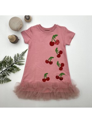 Beruflic Petli Kiraz Nakışlı Eteği Fırfırlı Jile Kız Çocuk Elbisesi Gül Kurusu