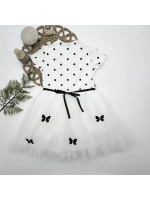 Beruflic Puantiyeli Kelebek Etekli Astarlı Kız Çocuk Elbisesi Beyaz