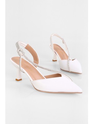 Shoeberry Kadın Hush Beyaz Cilt Taşlı Topuklu Ayakkabı Stiletto