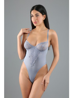 C&city Desteksiz Dantelli Çıtçıtlı Body C15082 Mavi