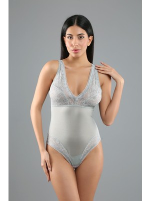 C&city Desteksiz Dantelli Çıtçıtlı Body C15083 Yeşil