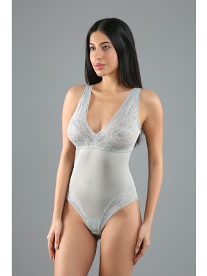 C&city Desteksiz Dantelli Çıtçıtlı Body C15083 Yeşil