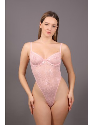 C&city Desteksiz Dantelli Çıtçıtlı Body C15091 Pembe