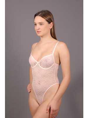 C&city Desteksiz Dantelli Çıtçıtlı Body C15089 Pudra
