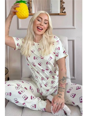 Pijama Evi Sarı Coffee Desenli Kısa Kol Örme Zincir Kadın Pijama Takımı