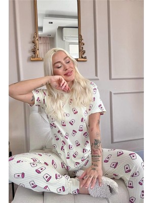 Pijama Evi Sarı Coffee Desenli Kısa Kol Örme Zincir Kadın Pijama Takımı