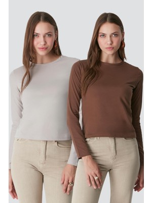 C&city Bisiklet Yaka Uzun Kol 2'li Basic T-Shirt 955 Gri/Kahve