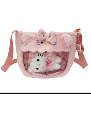 Syn İletişim Hello Kitty Kawai Sakura Y2K Sanrio Peluş Yarısı Şeffaf Anahtalık Çanta Süsü Askı Ayarlı