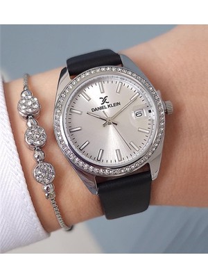 Daniel Klein Siyah Deri Kayışlı, Taşlı, Takvimli Kadın Kol Saati, Taşlı Bileklik Hediyeli