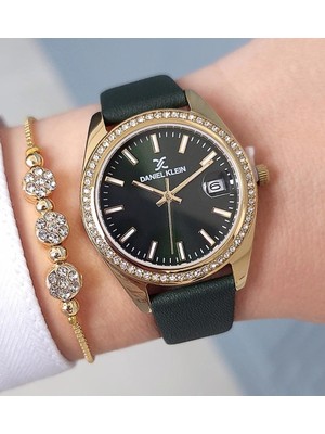 Daniel Klein Yeşil Deri Kayışlı, Taşlı, Takvimli Kadın Kol Saati, Taşlı Bileklik Hediyeli