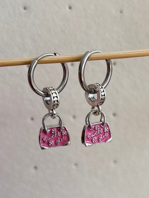 NV Jewellery Çelik Pembe Çanta Pandora's Küpe 2 Adet Charm Özel Tasarım (Çıkarılıp Bilekliğe Takılabilir)