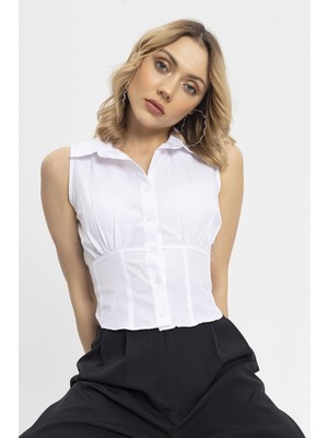 Şimal Kadın Arkası Lastik Detaylı Kolsuz Gömlek