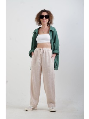 Zelish My Sister Bej Naturel Keten Beli Bağcıklı Pantolon