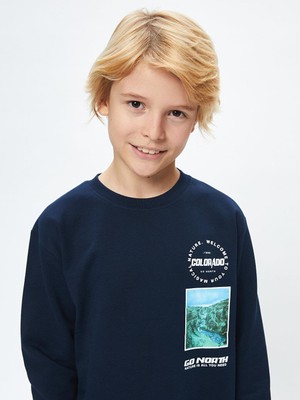 LC Waikiki Lcw Kids Rahat Kalıp Bisiklet Yaka Baskılı Erkek Çocuk Sweatshirt