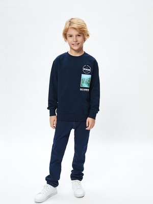 LC Waikiki Lcw Kids Rahat Kalıp Bisiklet Yaka Baskılı Erkek Çocuk Sweatshirt