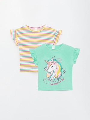 LC Waikiki Lcw Baby Bisiklet Yaka Kısa Kollu Baskılı Kız Bebek Tişört 2'li