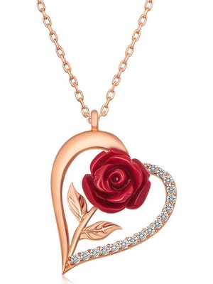 Mevafa ​gümüş Rose Kalpli Kırmızı Gül Kadın Kolye