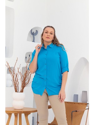 Rmg Yanları Apolet Detaylı Büyük Beden Turkuaz Gömlek