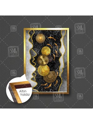 SML Tablo Altın Mermer Görünü ve Balıklar Modern Gold Dekoratif Çerçeveli Dikey Kanvas Tablo