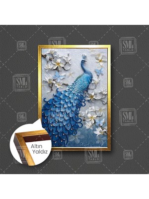 SML Tablo Beyaz Çiçekler ve Zarif Mavi Tavus Kuşu Lüks Dekor Çerçeveli Dikey Kanvas Tablo