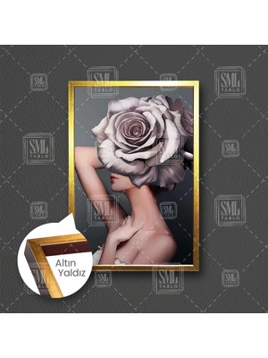 Gül Saçlı Kadın Kadın Çiçek Kafalı Kadın Rose Çerçeveli Dikey Kanvas Tablo