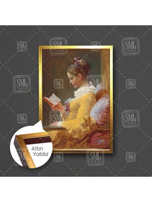 Kitap Okuyan Sarı Elbiseli Kadın Jean Honore Fragonard Çerçeveli Dikey Kanvas Tablo