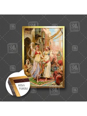 SML Tablo Yağlı Boya Efektli Osmanlı Oryantel Dans Eden Dansçılar Çerçeveli Dikey Kanvas Tablo