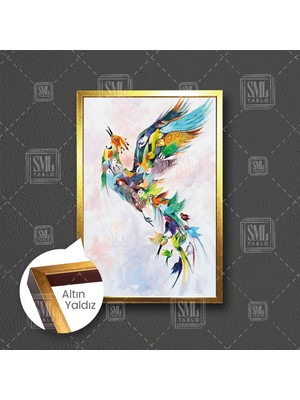 SML Tablo Simurg Kuşu Zümrüdü Anka Uçan Kuşlar Dekor Çerçeveli Dikey Kanvas Tablo