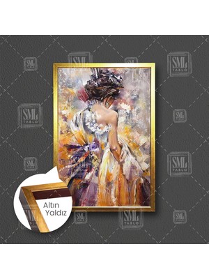 Sırtı Dönük Elbiseli Kadın Art Asyalı Geyşa Çerçeveli Dikey Kanvas Tablo