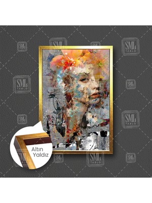 SML Tablo Sarı Turuncu Çiçek Kafalı Kadın Sokak Sanatı Woman Dekor Art Çerçeveli Dikey Kanvas Tablo