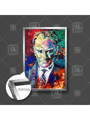 SML Tablo Mustafa Kemal Atatürk Karizma Portre Yağlı Boya Efektli Dekor Çerçeveli Dikey Kanvas Tablo