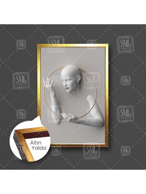 Altın Çember Çerçeve İçinde Mermer Kadın Çerçeveli Dikey Kanvas Tablo