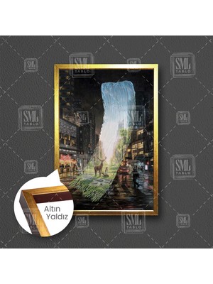 SML Tablo Kayıp Doğa Geyik Manzara Şehir Çerçeveli Dikey Kanvas Tablo