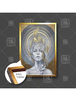 Buğday Saçlı Kadın Doğa Kuş Gold Başak Doğa Dekoratif Çerçeveli Dikey Kanvas Tablo