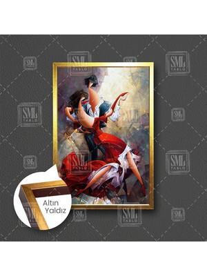 SML Tablo Dans Eden Çift Soyut Sanat Müzik Aşk Love Kırmızı Elbise Çerçeveli Dikey Kanvas Tablo