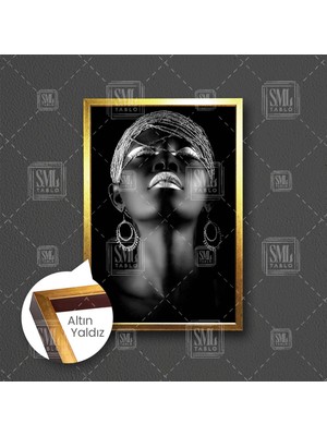 Etnik Aksesuarlı Afrikalı Kadın Gümüş Lüks Dekorasyon Çerçeveli Dikey Kanvas Tablo