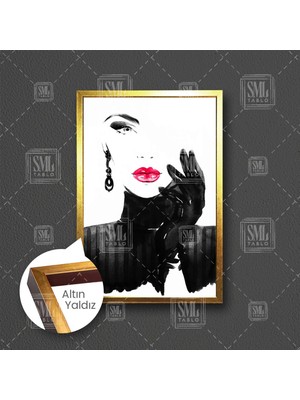 Kırmızı Rujlu Eli Çenesinde Duran Siyah Beyaz Çizgisel Güzel Kadın Kuaför Makyaj Dekor Çerçeveli Dikey Kanvas Tablo
