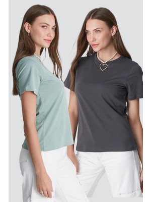 C&city Bisiklet Yaka Kısa Kol 2'li Basic T-Shirt 960 Çağla/Füme