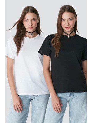C&city Bisiklet Yaka Kısa Kol 2'li Basic T-Shirt 960 Siyah/Beyaz