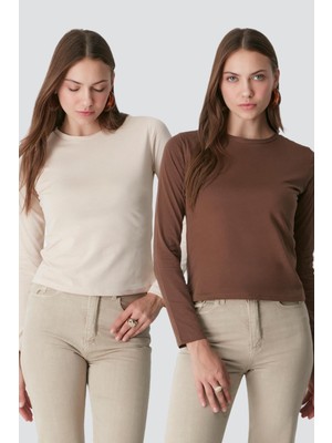 C&city Bisiklet Yaka Uzun Kol 2'li Basic T-Shirt 955 Bej/Kahverengi