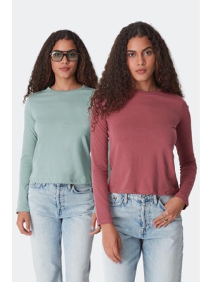 C&city Bisiklet Yaka Uzun Kol 2'li Basic T-Shirt 955 Çağla/gül Kurusu