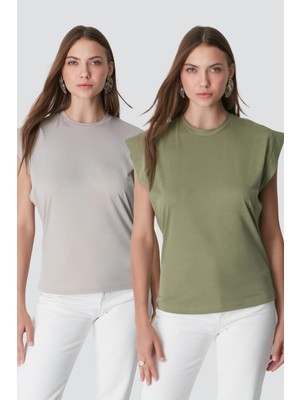 C&city Bisiklet Yaka Kısa Kol 2'li Basic T-Shirt 958 Haki/Gri