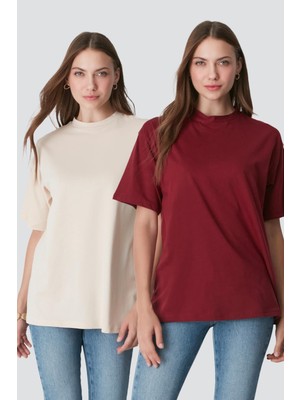 C&city Bisiklet Yaka Kısa Kol 2'li Casual Basic T-Shirt 961 Bordo/Bej